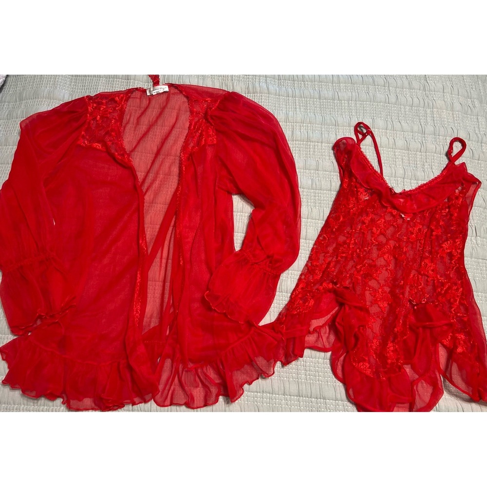 VTG Seductive Wear Cinema Etoile Sexy Red Lace Mesh Babydoll Lingerie Top & Robe